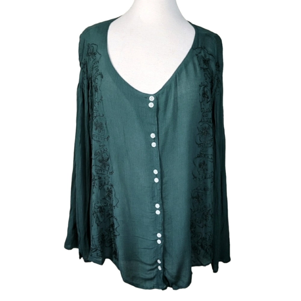 GEETA Dark Green Boho Top 1X NWT